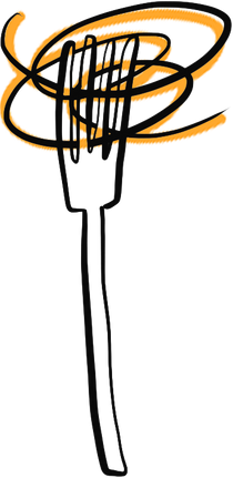 Illustration of fork with pasta wrapped around it.