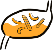 Illustration of stomach with pasta inside.