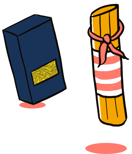 illustration of unlabeled pasta box and noodle with a hankercheif and red striped shirt, looks french